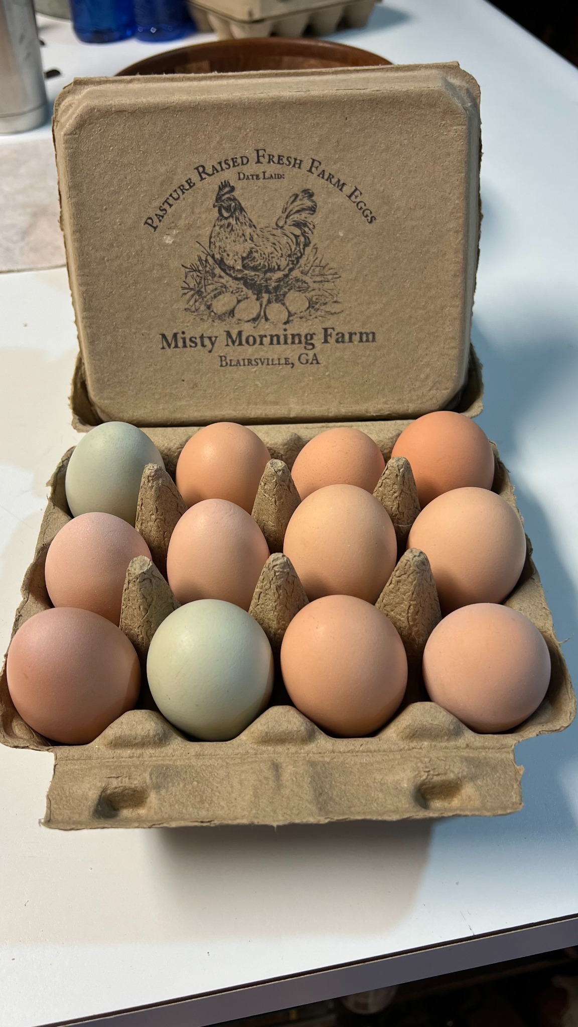 Fresh pasture-raised eggs in a Misty Morning Farm carton